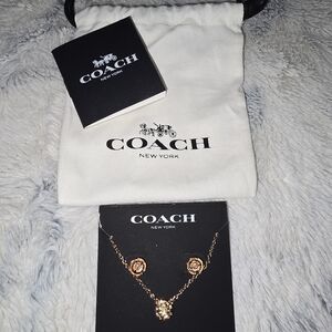 COACH Rose Gold Floral Pendant Necklace and Earrings Set - Women's - New